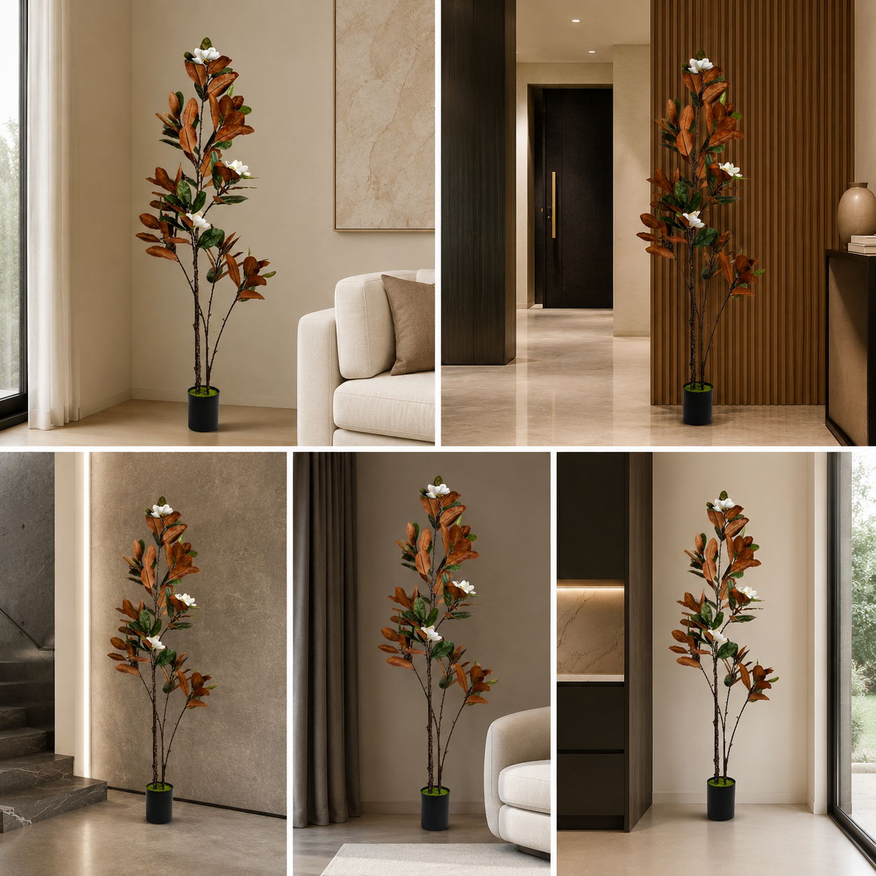 Real Touch Artificial Magnolia Tree Brown Leaf 5 Ft with Decorative Pot for Luxury Interiors