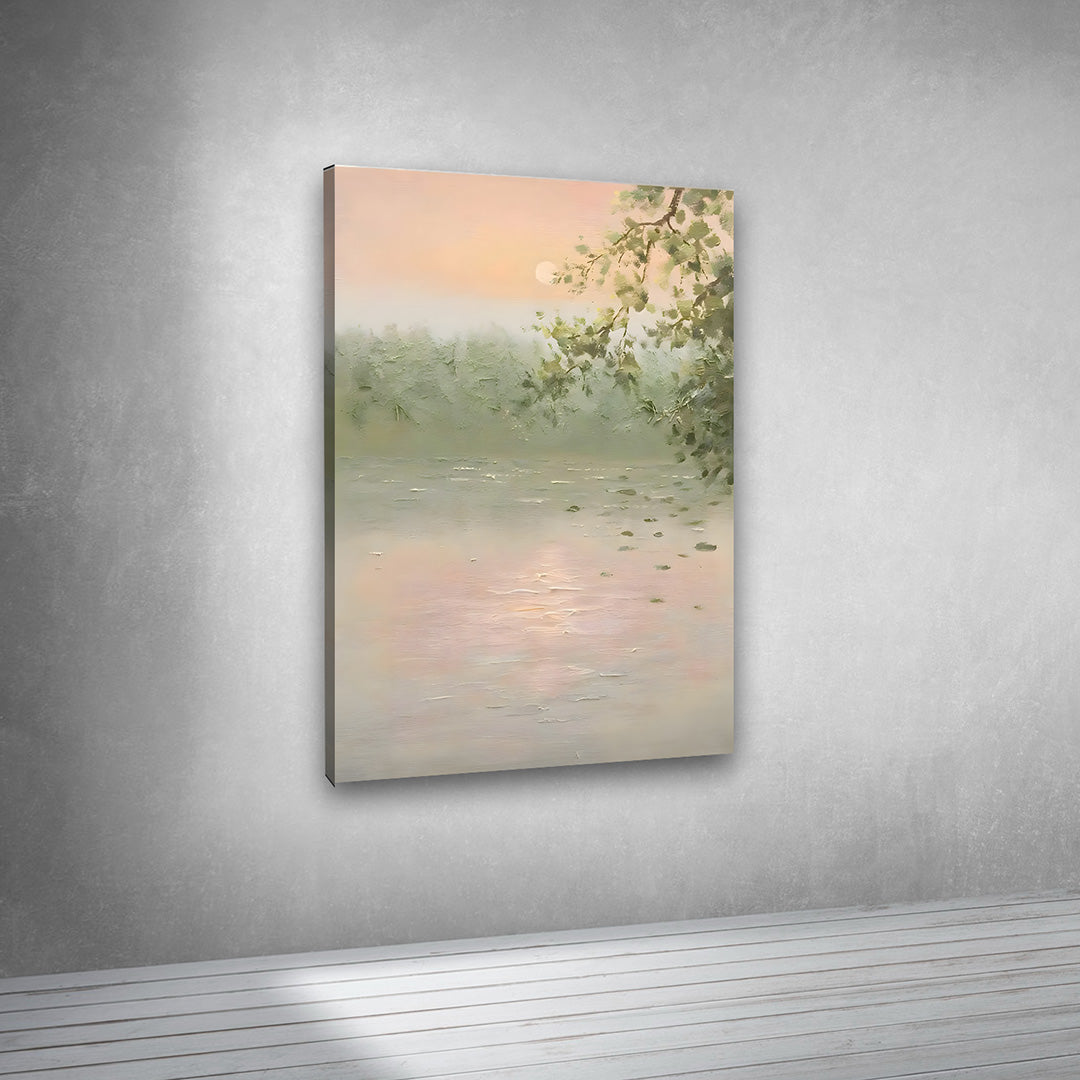 Calm lake scenery wall art with trees and soft tones vertical painting for living room