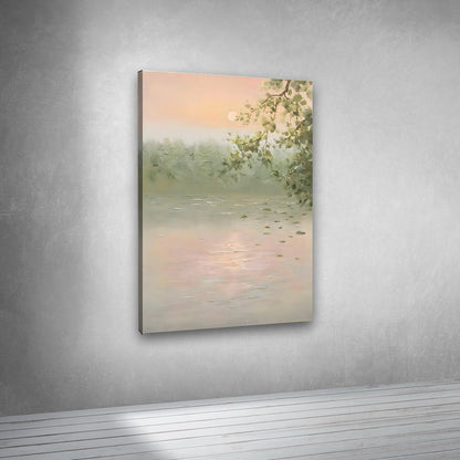 Calm lake scenery wall art with trees and soft tones vertical painting for living room