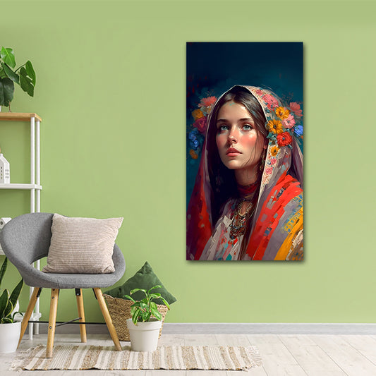 Canvas Painting Frame A Beautiful Women Abstract Modern Wall Art for Wall Decor | Big Large Size Canvas Painting Frame (24x48 Inches) Canvas print of a woman with flowers in a room with a green wall, gray chair, and plants.
