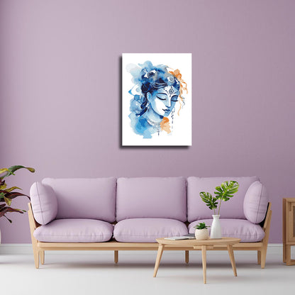 Canvas Painting Frame A Beautiful Women for Wall Decor | Canvas Painting Frame Purple sofa in a living room with a painting of a blue and white face on the wall.
