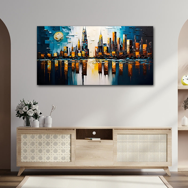 Canvas Painting Frame A City in Night Landscape Modern Wall Art for Wall Decor | Big Large Size Canvas Painting Frame (48x24 Inches) Abstract cityscape painting on a wall above a wooden console table.