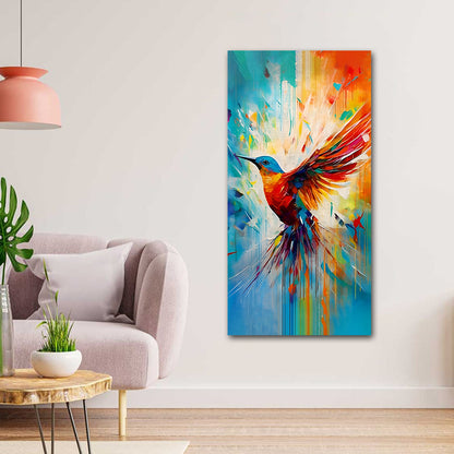 Canvas Painting Frame A Colourful Bird Modern Wall Art for Wall Decor | Big Large Size Canvas Painting Frame (24x48 Inches)
 Colorful abstract bird painting on a wall in a living room setting.
