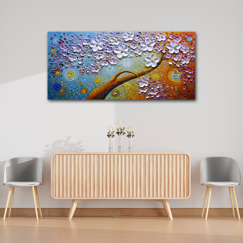 Canvas Painting Frame A Flower Tree Abstract Modern Wall Art Frame for Wall Decor | Big Large Size Canvas Painting Frame (48x24 Inches)
 Colorful floral painting above a wooden table with two chairs in a room.