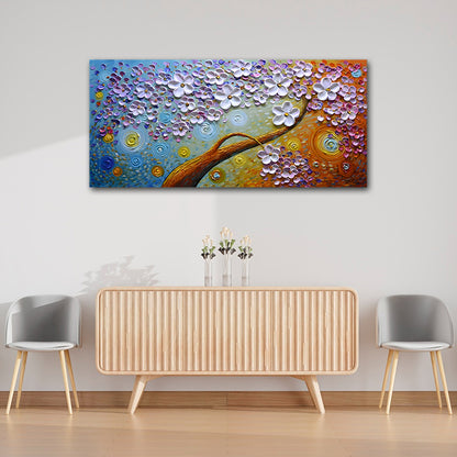 Canvas Painting Frame A Flower Tree Abstract Modern Wall Art Frame for Wall Decor | Big Large Size Canvas Painting Frame (48x24 Inches)
 Colorful floral painting above a wooden table with two chairs in a room.
