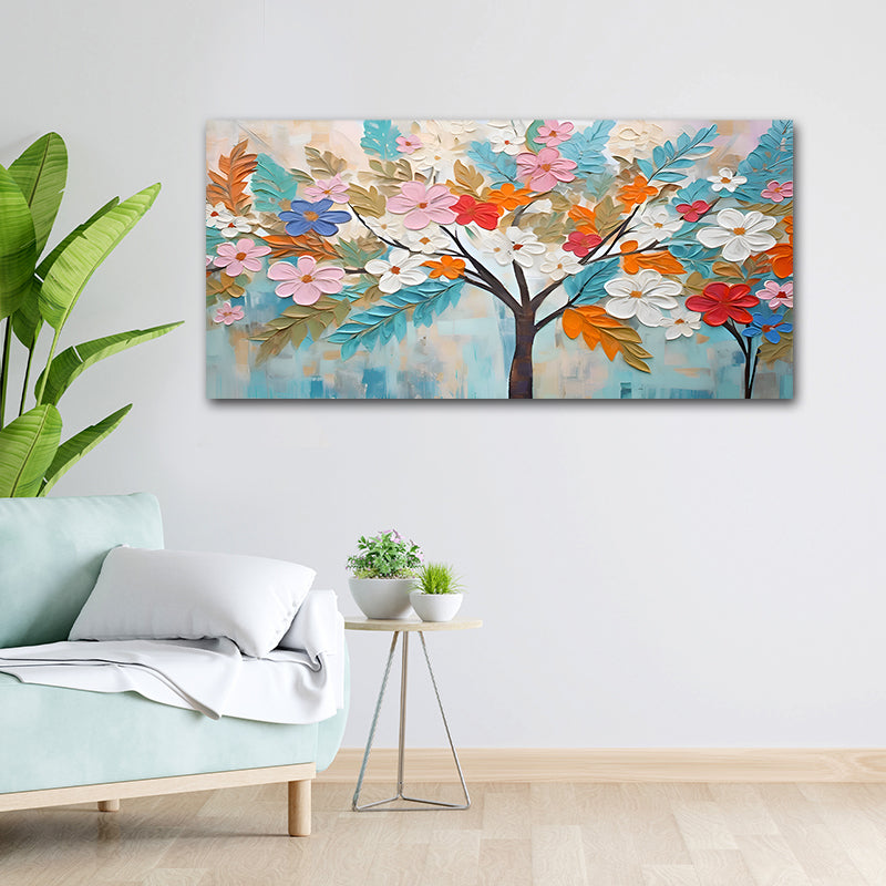 Canvas Painting Frame A Flower Tree Abstract Modern Wall Art Frame for Wall Decor | Canvas Painting Frame (18x24 Inches)
 Colorful floral painting on a wall above a light blue sofa with a small table and plants.