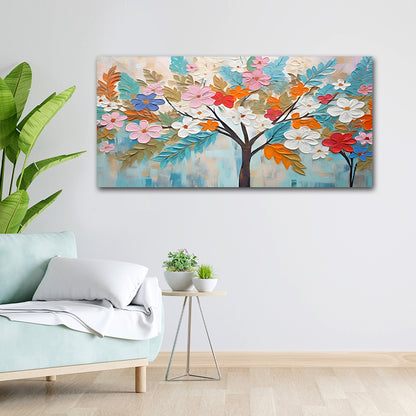 Canvas Painting Frame A Flower Tree Abstract Modern Wall Art Frame for Wall Decor | Canvas Painting Frame (18x24 Inches)
 Colorful floral painting on a wall above a light blue sofa with a small table and plants.