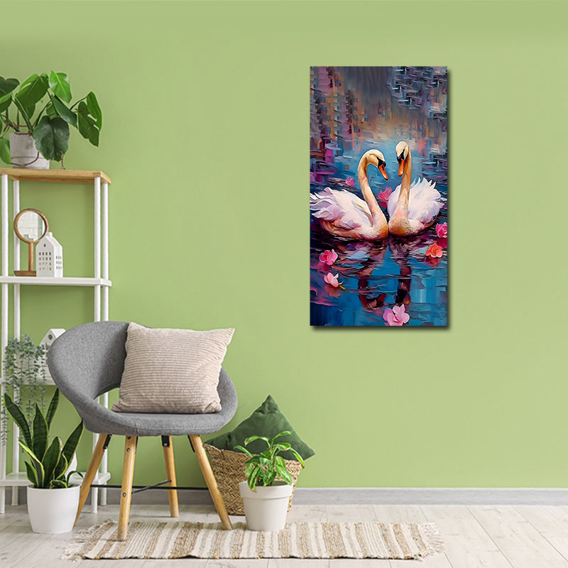 Canvas Painting Frame A Swan Couple Modern Wall Art Frame for Wall Decor | Big Large Size Canvas Painting Frame (24x48 Inches)
 Living room with a painting of two swans on a wall, a gray chair, and plants.