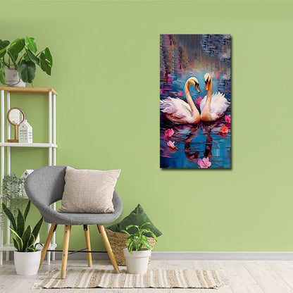 Canvas Painting Frame A Swan Couple Modern Wall Art Frame for Wall Decor | Big Large Size Canvas Painting Frame (24x48 Inches)
 Living room with a painting of two swans on a wall, a gray chair, and plants.