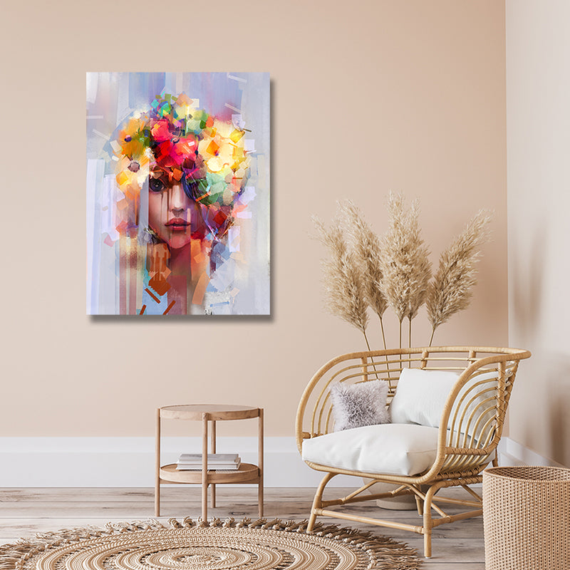 Canvas Painting Frame Abstract Wall Art for Wall Decor A Beautiful Lady | Canvas Painting Frame (18x24 Inches)
 Colorful abstract painting of a woman with flowers on a wall in a living room.