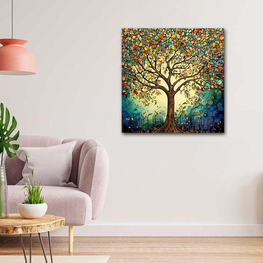 Canvas Painting Frame An Autumn Tree Landscape Modern Wall Art for Wall Decor | Canvas Painting Frame (24x24 Inches) Colorful abstract tree painting on a wall in a living room with a couch and lamp.