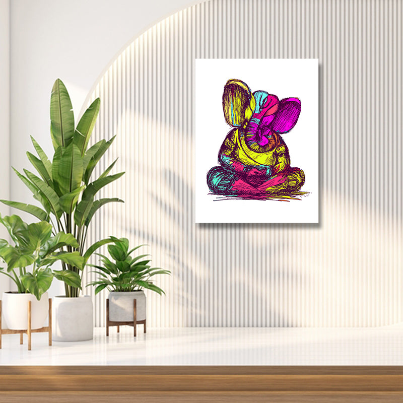 Canvas Painting Frame Bal Ganesha Wall Decor | Canvas Painting Frame (18x24 Inches)
 Colorful elephant painting on a wall with plants and a wooden floor.