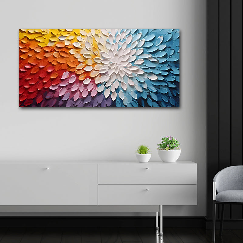 Canvas Painting Frame Floral Design Abstract Modern Wall Art Frame for Wall Decor | Canvas Painting Frame (24x18 Inches)
 Colorful abstract wall art above a white cabinet with decorative plants.