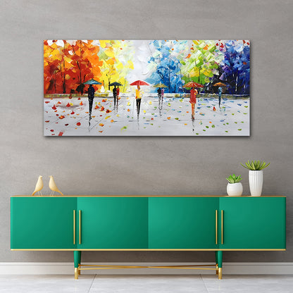 Canvas Painting Frame Landscape A Rainy Day Modern Wall Art for Wall Decor | Canvas Painting Frame (24x18 Inches) Colorful abstract painting of people with umbrellas on a gray wall above a green console table.