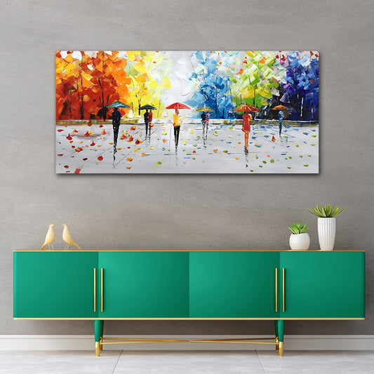 Canvas Painting Frame Landscape A Rainy Day Modern Wall Art for Wall Decor | Canvas Painting Frame (24x18 Inches) Colorful abstract painting of people with umbrellas on a gray wall above a green console table.