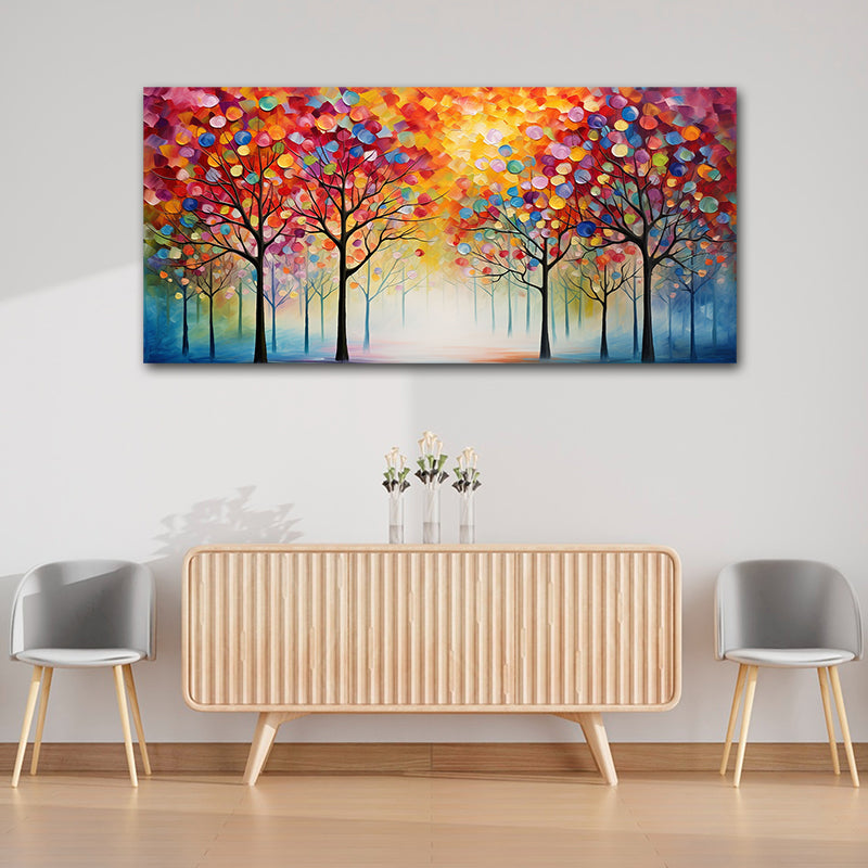 Canvas Painting Frame Landscape Colourful Floral Trees Modern Wall Art for Wall Decor | Big Large Size Canvas Painting Frame (48x24 Inches) Colorful abstract painting of trees on a wall above a wooden table with chairs.