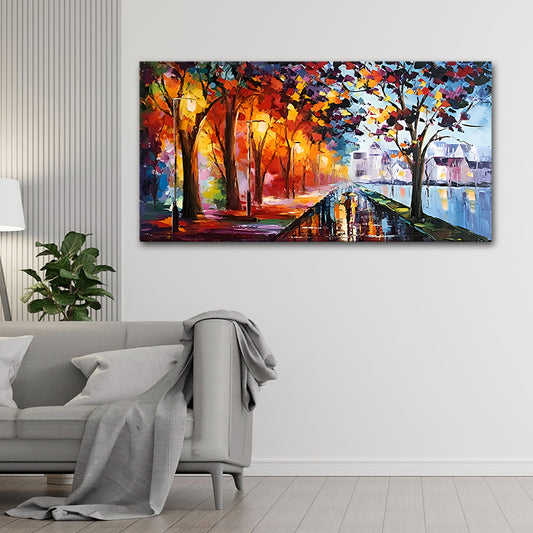 Canvas Painting Frame Landscape Couples Walking Modern Wall Art for Wall Decor | Big Large Size Couples Canvas Painting Frame (60x30 Inches) Colorful abstract painting of a landscape with trees and a path on a white wall above a sofa.