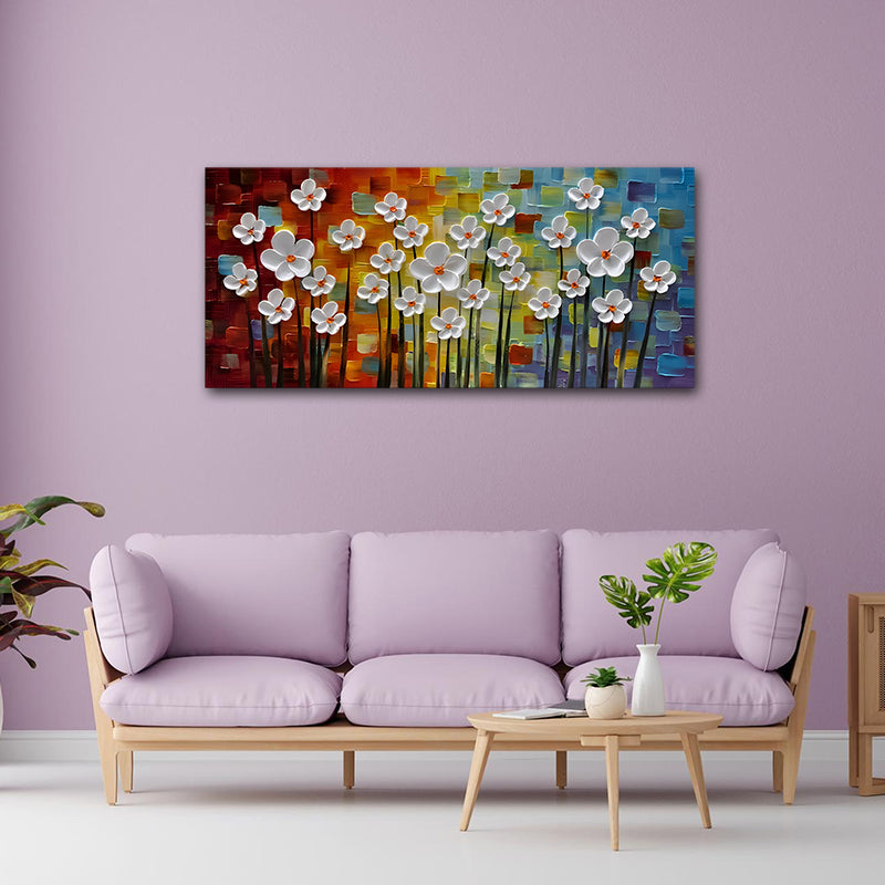 Canvas Painting Frame Orchid Flower Abstract Modern Wall Art Frame for Wall Decor | Big Large Size Canvas Painting Frame (48x24 Inches)
 Colorful floral painting on a purple wall above a lavender sofa with a wooden coffee table.