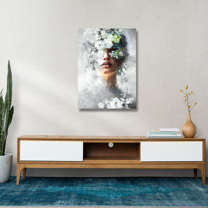Canvas Painting Frame The Princess for Wall Decor | Canvas Painting Frame (18x24 Inches)
 Modern living room with a wooden TV stand, decorative vase, and wall art of a woman with flowers.