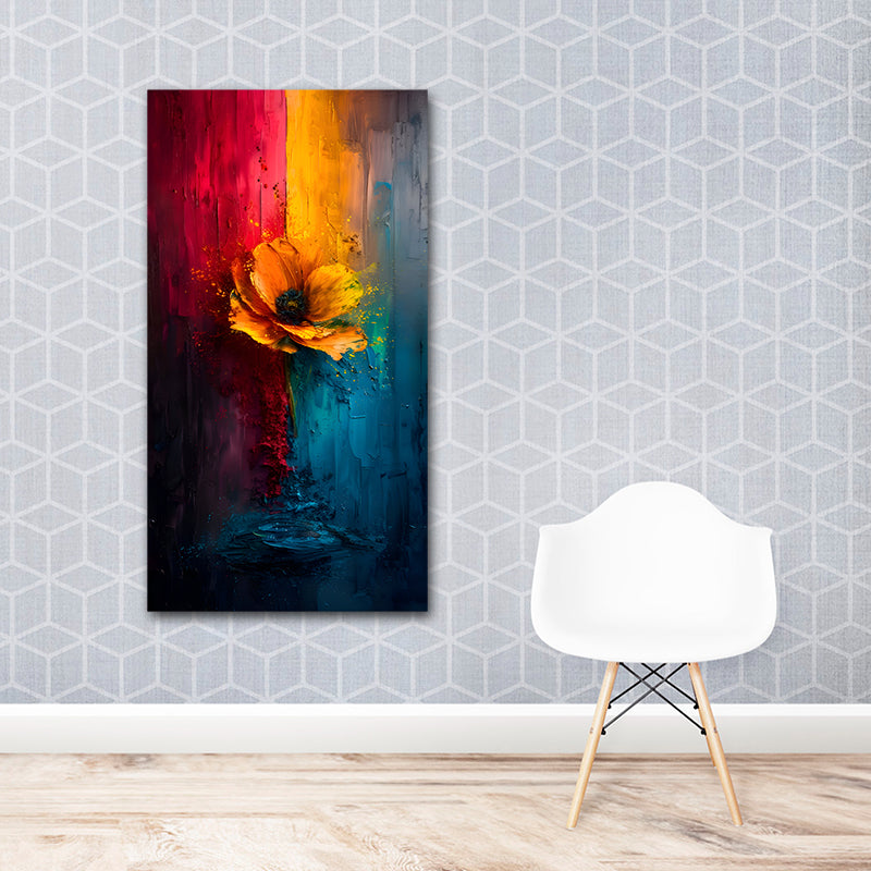 Canvas Painting Frame a Blooming Flower Abstract Modern Wall Art Frame for Wall Decor | Big Large Size Floral Canvas Painting Frame (24x48 Inches)
 Abstract painting of a flower on a wall with a white chair below.