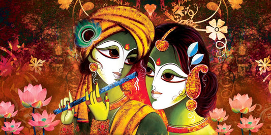 Canvas Painting Radha Krishna Harmony | Painting for Living Room Illustration of two characters with decorative elements and flowers in the background