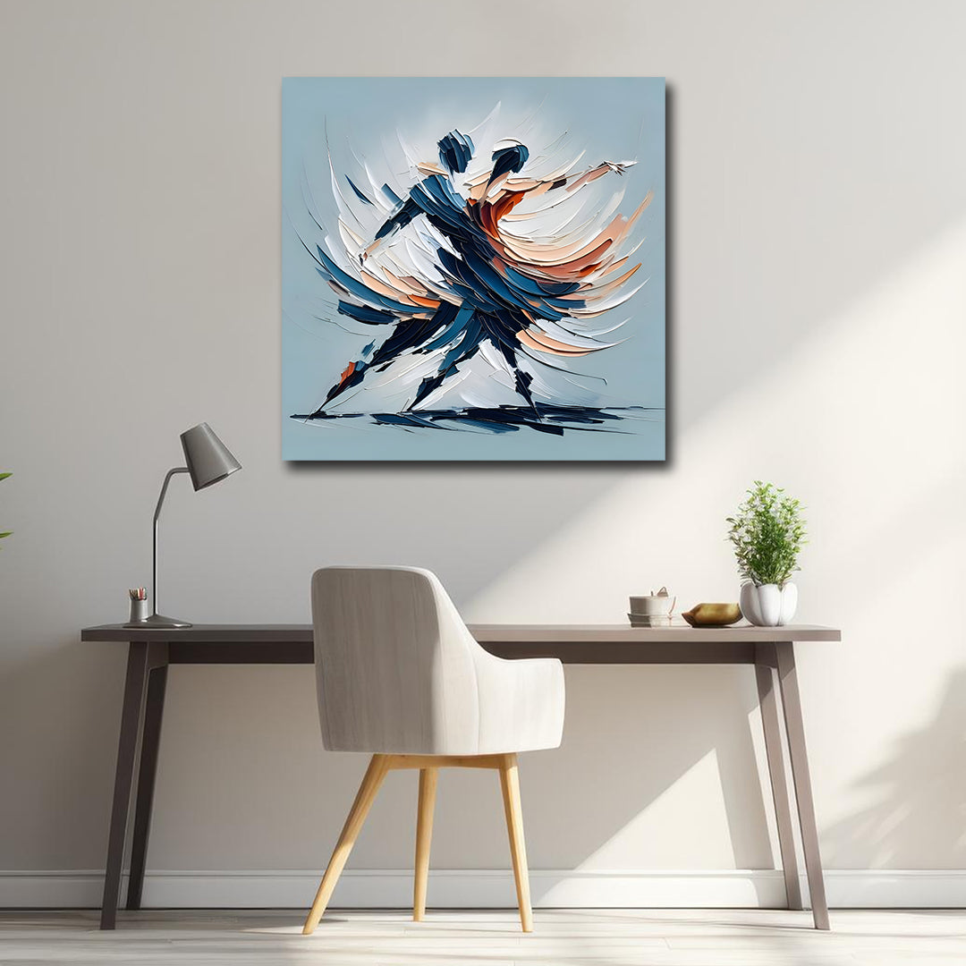 Canvas Painting Wall Frame | 3D Texture Impressionist Dancing Couple | Abstract Palette Knife Ballroom Dancers in Blue & Cream | Modern Wall Art Decors (18X18 Inches) Modern office setup with a colorful abstract painting on the wall.