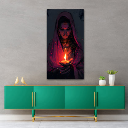 Canvas Painting Wall Frame A Light of Dreams | Big Large Size Canvas Painting Frame | Living Room Wall Decors | Giftings (24x48 Inches) Framed artwork of a hooded figure holding a candle above a green console table with decorative items.