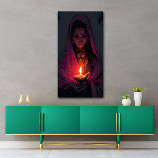 Canvas Painting Wall Frame A Light of Dreams | Big Large Size Canvas Painting Frame | Living Room Wall Decors | Giftings (24x48 Inches) Framed artwork of a hooded figure holding a candle above a green console table with decorative items.