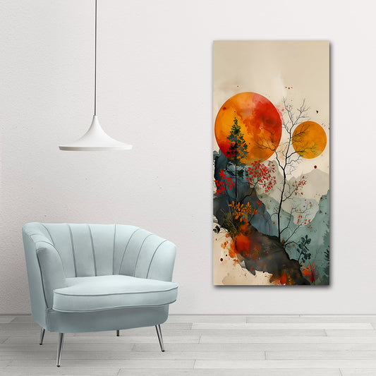 Canvas Painting Wall Frame | Abstract Sunset Mountain Landscape with Twin Suns | Big Large Size Minimalist Nature Wall Art (24x48 Inches) Light blue armchair in a room with a colorful abstract painting on the wall.