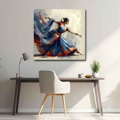 Canvas Painting Wall Frame | Classical Indian Kathak Dancer Portrait | Vibrant Blue & Red Impressionist Modern Wall Art (18x18 Inches) Colorful abstract painting of a dancer on a wall above a desk with a chair.