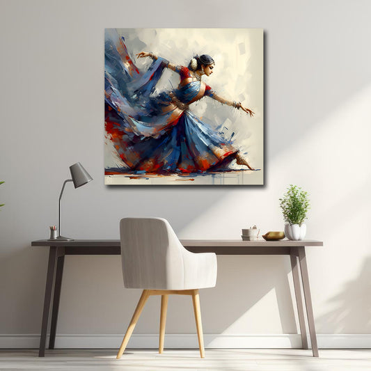 Canvas Painting Wall Frame | Classical Indian Kathak Dancer Portrait | Vibrant Blue & Red Impressionist Modern Wall Art (18x18 Inches) Colorful abstract painting of a dancer on a wall above a desk with a chair.