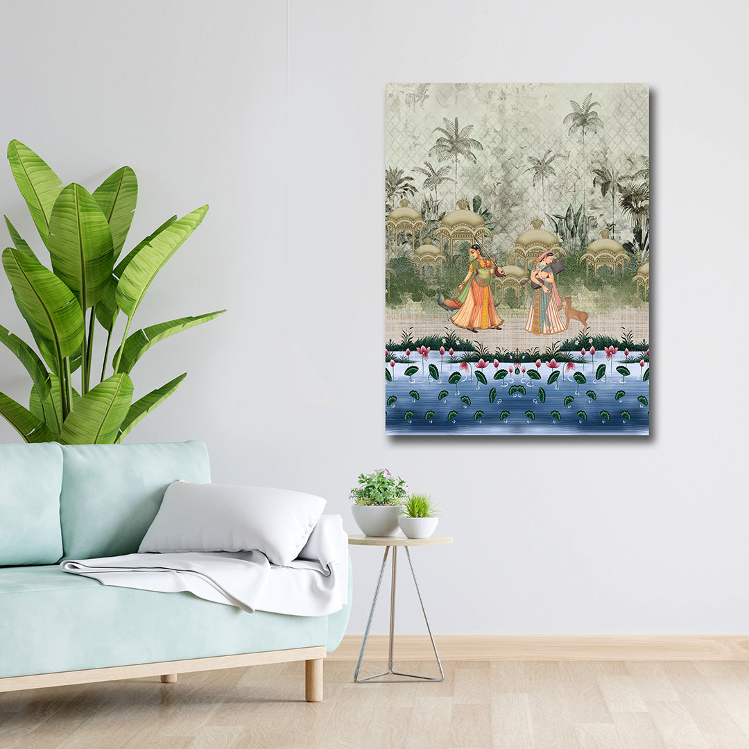Canvas Painting Wall Frame | Classical Indian Miniature Style Mural | Modern Wall Art Decors (18x24 Inches) Decorative wall art of two women in a garden scene in a living room with a plant and table.
