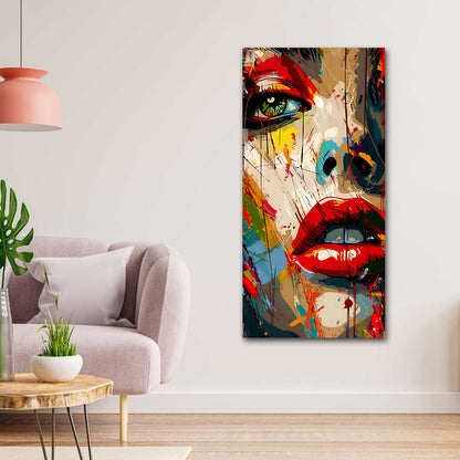 Canvas Painting Wall Frame | Colorful Abstract Female Face with Red Lips | Big Large Size Contemporary Urban Wall Art (24x48 Inches) Colorful abstract painting of a face with red lips on a wall above a sofa.
