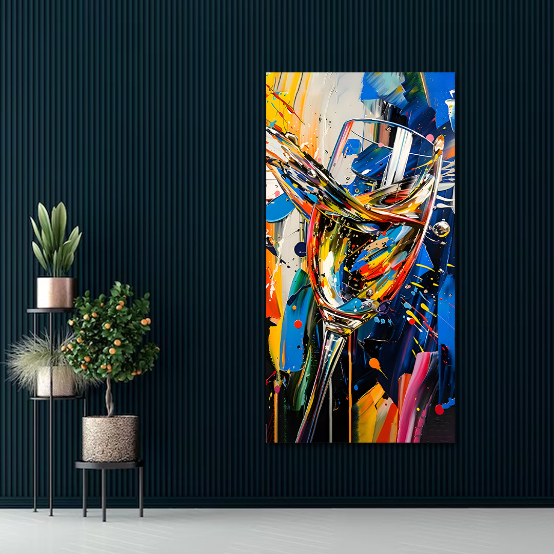 Canvas Painting Wall Frame | Colorful Celebration Wine Glass Expressionist Painting | Big Large Size Vertical Abstract Canvas Art (24x48  Colorful abstract painting of a wine glass on a dark wall with decorative plants.
