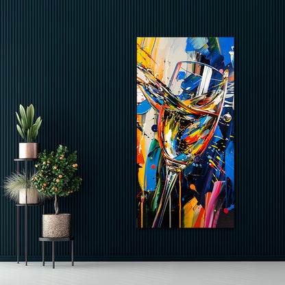 Canvas Painting Wall Frame | Colorful Celebration Wine Glass Expressionist Painting | Big Large Size Vertical Abstract Canvas Art (24x48  Colorful abstract painting of a wine glass on a dark wall with decorative plants.