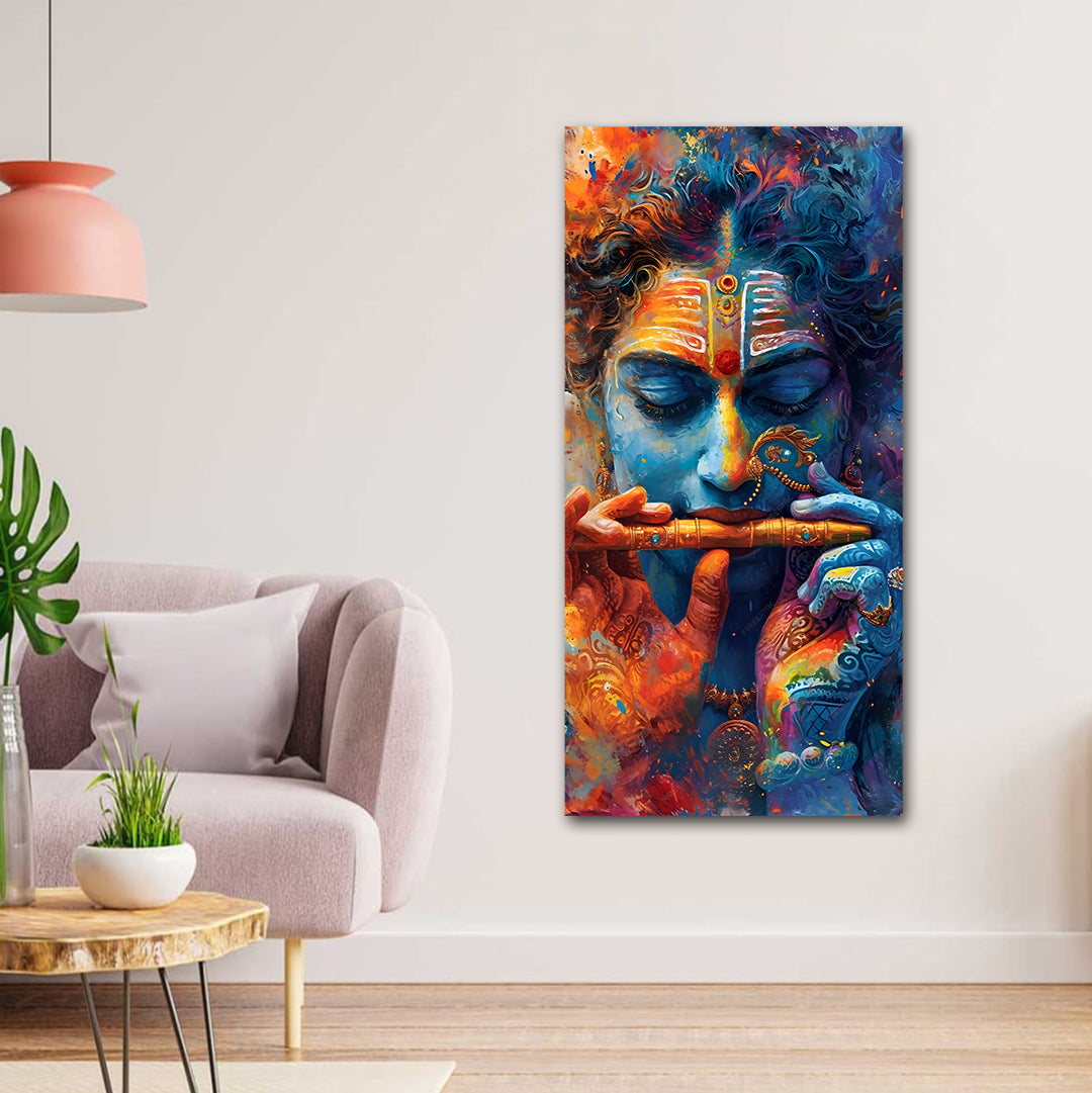 Canvas Painting Wall Frame | Divine Lord Krishna Playing Flute Abstract Art | Big Large Size Spiritual Wall Art (24x48 Inches) Colorful abstract painting of a deity playing a flute in a living room setting.