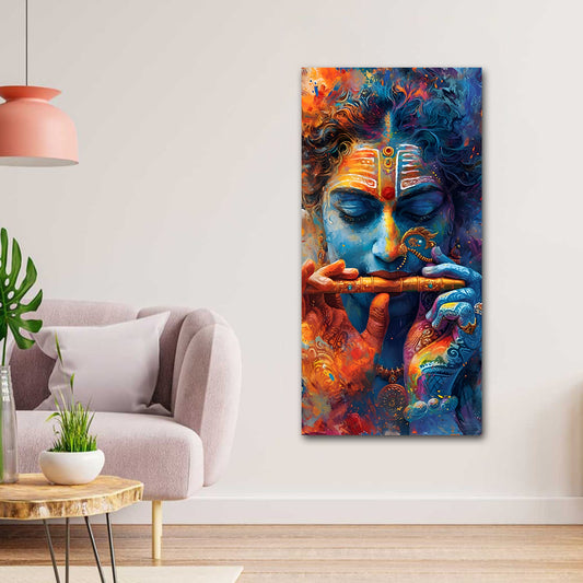 Canvas Painting Wall Frame | Divine Lord Krishna Playing Flute Abstract Art | Big Large Size Spiritual Wall Art (24x48 Inches) Colorful abstract painting of a deity playing a flute in a living room setting.