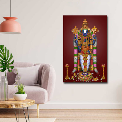 Canvas Painting Wall Frame | Divine Lord Venkateswara Tirupati Balaji Portrait | Majestic Hindu Deity with Traditional Ornaments Modern Wall Art Decors (18x24 Inches) Decorative wall art of a colorful deity figure in a living room setting.