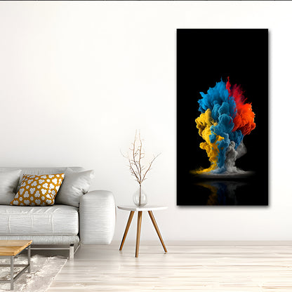 Canvas Painting Wall Frame | Dynamic Blue, Yellow, and Red Abstract Smoke Burst | Big Large Size Minimalist Dark Background Wall Art (24x48 Inches) Colorful abstract painting on a wall in a modern living room.