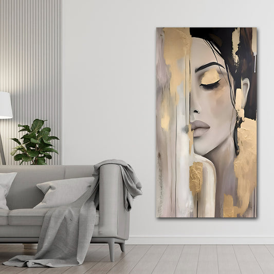 Canvas Painting Wall Frame | Elegant Abstract Lady with Golden Accents | Big Large Size Modern Feminine Portrait Wall Art (24x48 Inches) Abstract art painting of a woman's face in a modern living room.