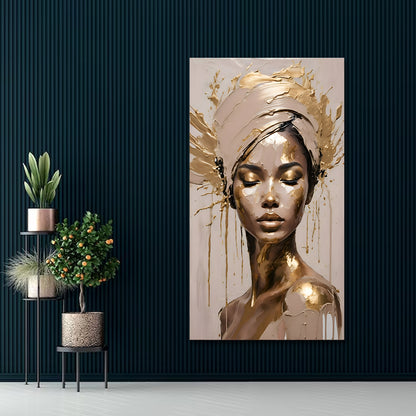 Canvas Painting Wall Frame | Elegant Queen in Gold Turban Abstract Art | Big Large Size Luxury Bedroom Canvas Wall Frame (24x48  Artistic depiction of a woman with gold and brown tones on a dark blue wall with plants.