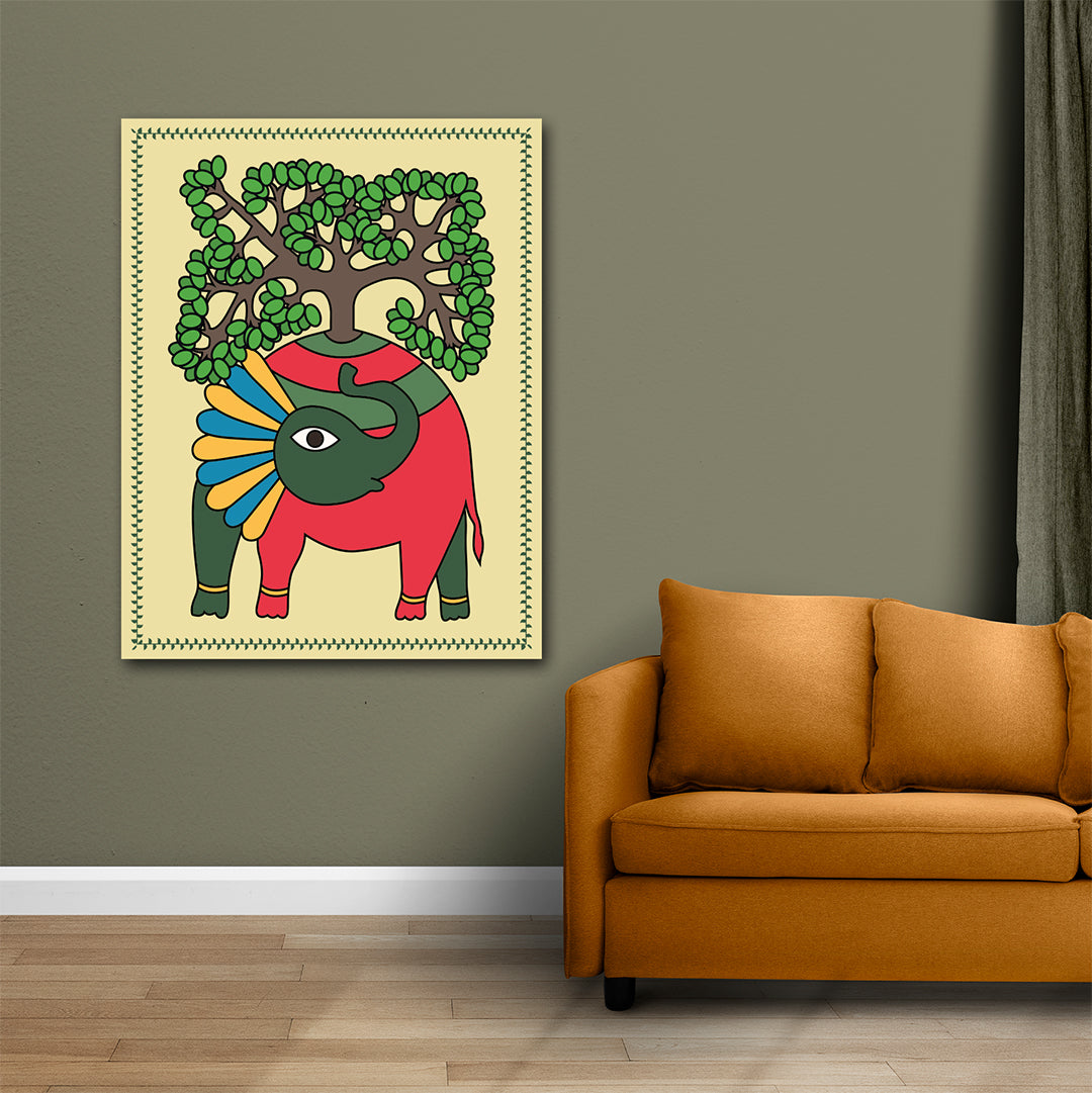 Canvas Painting Wall Frame | Ethnic Tree of Life Elephant Mural | Handmade Style Indian Tribal Decor Modern Wall Art Decors (24x36 Inches) Colorful elephant with tree design on a wall above an orange sofa.