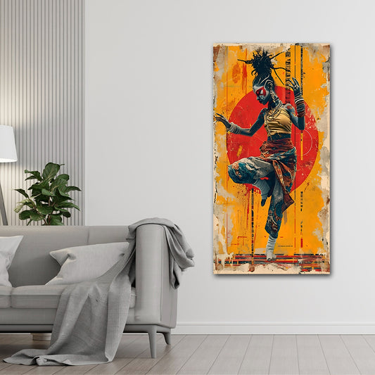 Canvas Painting Wall Frame | Folk Art Dancer Performance on Vibrant Yellow Background | Big Large Size Heritage Wall Frame (24x48 Inches) Colorful abstract painting of a figure on a white wall above a gray sofa.