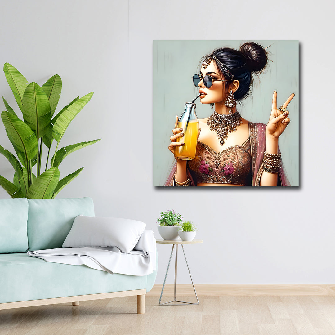 Canvas Painting Wall Frame | Fun & Stylish Indian Maiden Digital Art | Perfect for Modern Room & Cafe Decor | Modern Wall Art Decors (18x18 Inches) Canvas print of a woman with sunglasses and a bottle in a living room setting.