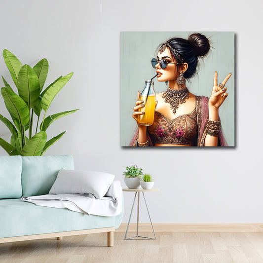 Canvas Painting Wall Frame | Fun & Stylish Indian Maiden Digital Art | Perfect for Modern Room & Cafe Decor | Modern Wall Art Decors (18x18 Inches) Canvas print of a woman with sunglasses and a bottle in a living room setting.