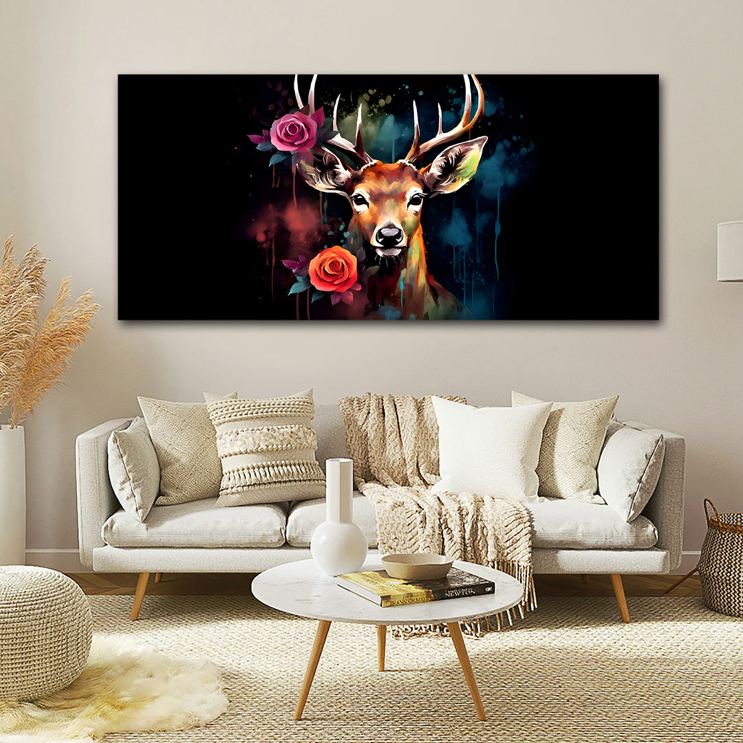 Canvas Painting Wall Frame | Majestic Stag with Roses in Abstract Night | Big Large Size Canvas Animal Wall Art (48x24 Inches) Decorative wall art of a deer with flowers in a living room setting.