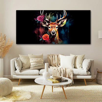 Canvas Painting Wall Frame | Majestic Stag with Roses in Abstract Night | Big Large Size Canvas Animal Wall Art (48x24 Inches) Decorative wall art of a deer with flowers in a living room setting.