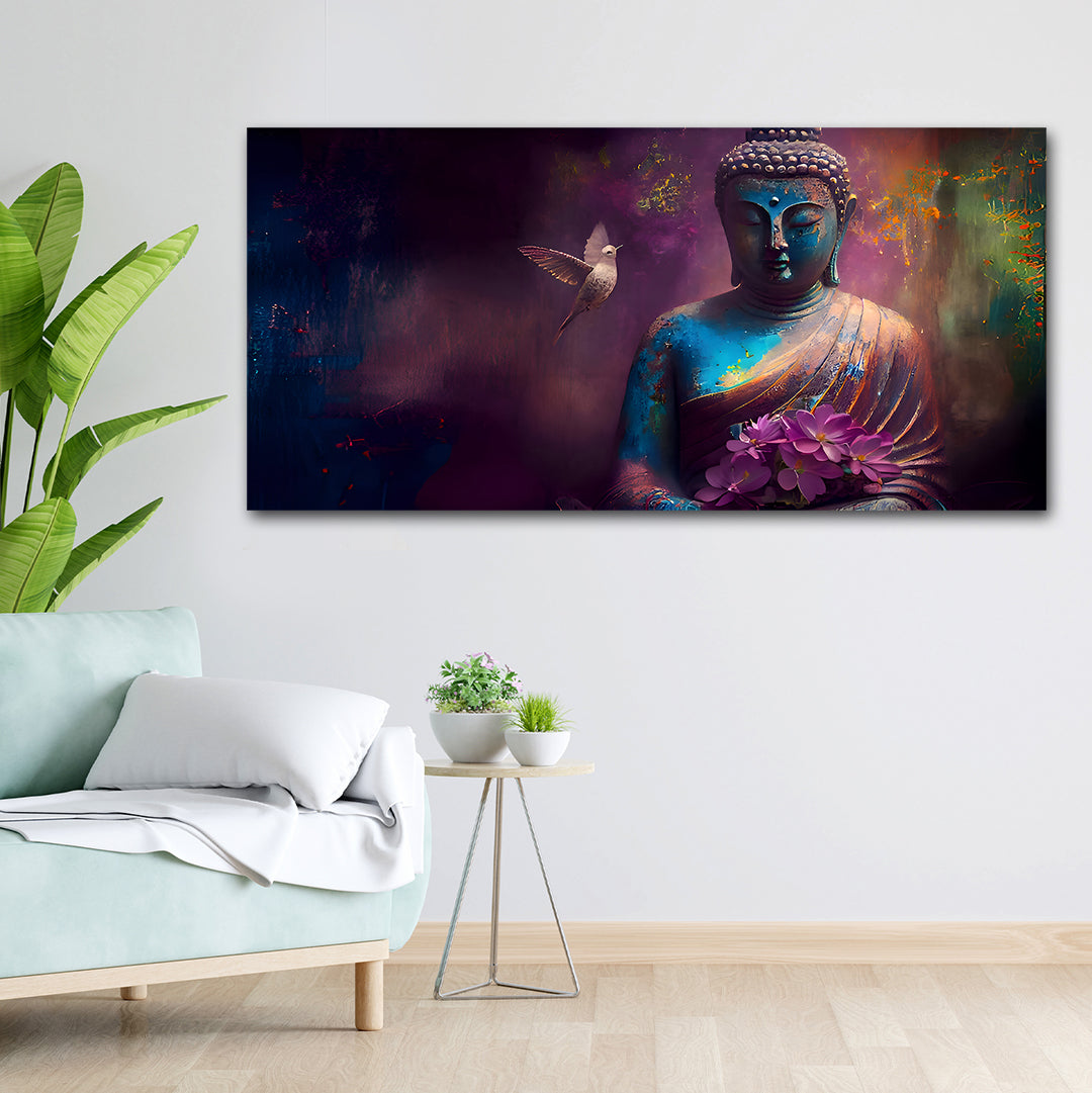 Canvas Painting Wall Frame | Meditating Lord Buddha with White Bird & Pink Lotus | Spiritual Peace and Tranquility Big Large Size Painting (48x24 Inches) Colorful painting of a Buddha figure with a flower and bird in a living room setting.