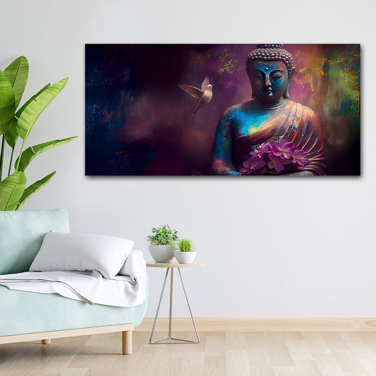 Canvas Painting Wall Frame | Meditating Lord Buddha with White Bird & Pink Lotus | Spiritual Peace and Tranquility Big Large Size Painting (48x24 Inches) Colorful painting of a Buddha figure with a flower and bird in a living room setting.