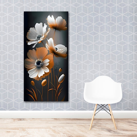 Canvas Painting Wall Frame | Minimalist Orange Petal Floral Bloom | Big Large Size Modern Bedroom Decor Canvas Art (24x48 Inches) Floral artwork on a wall with a white chair below